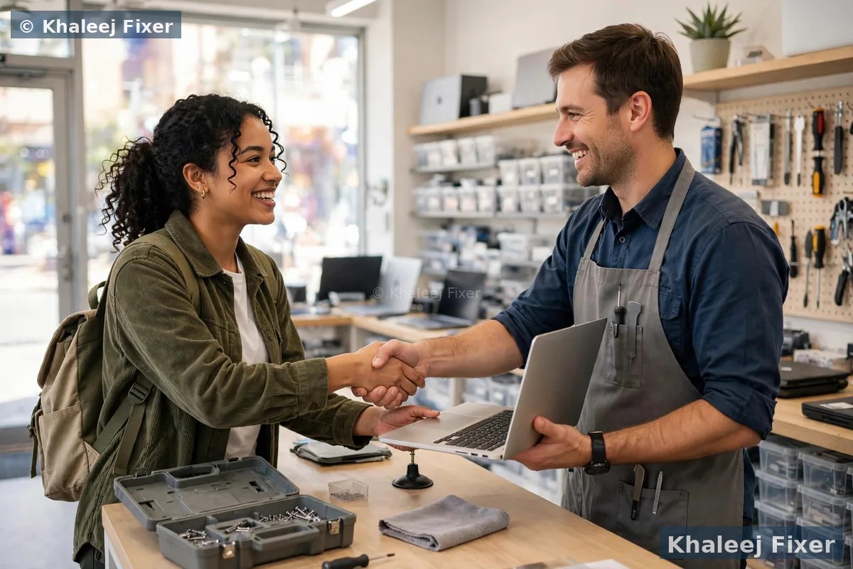 Happy customer receiving repaired laptop in Sharjah - laptop repair service by Khaleej Fixer Dubai