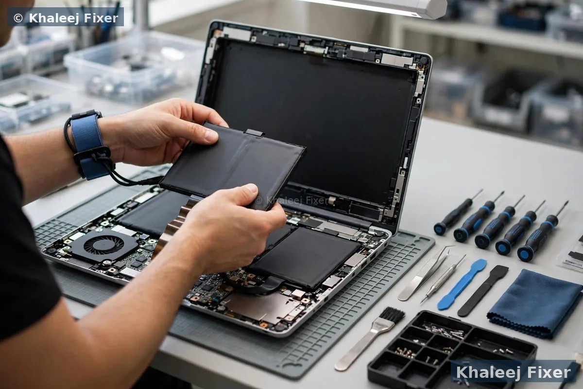 Laptop battery replacement cost in Sharjah — Khaleej Fixer technician fitting a new laptop battery