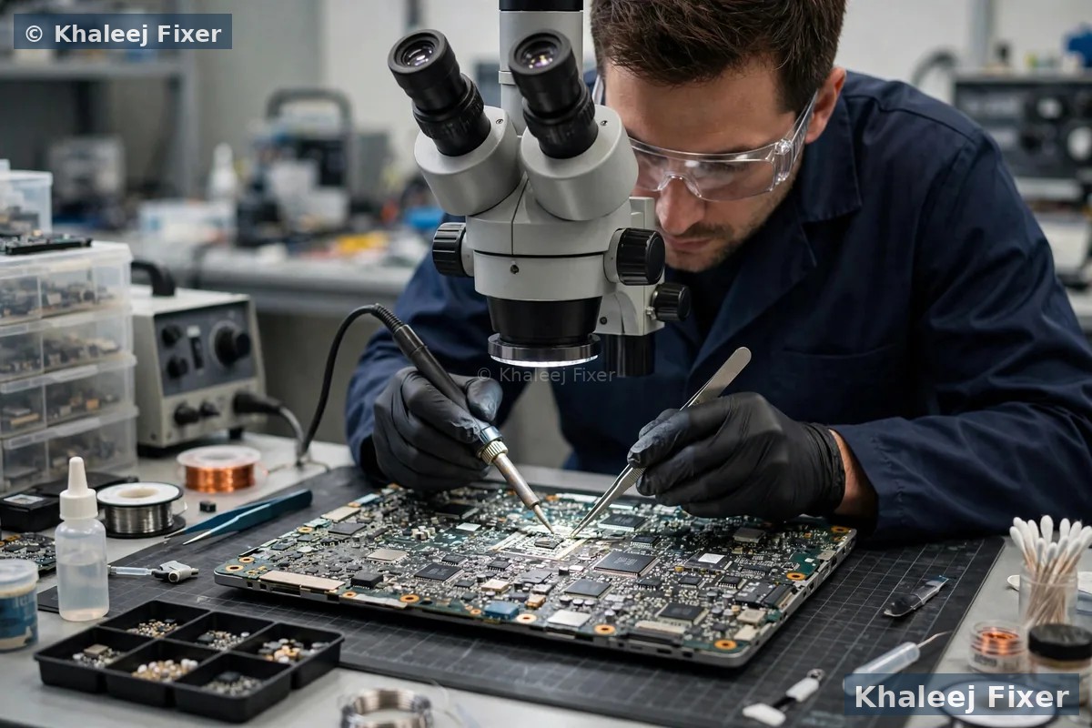 Laptop motherboard repair — chip-level soldering in Dubai