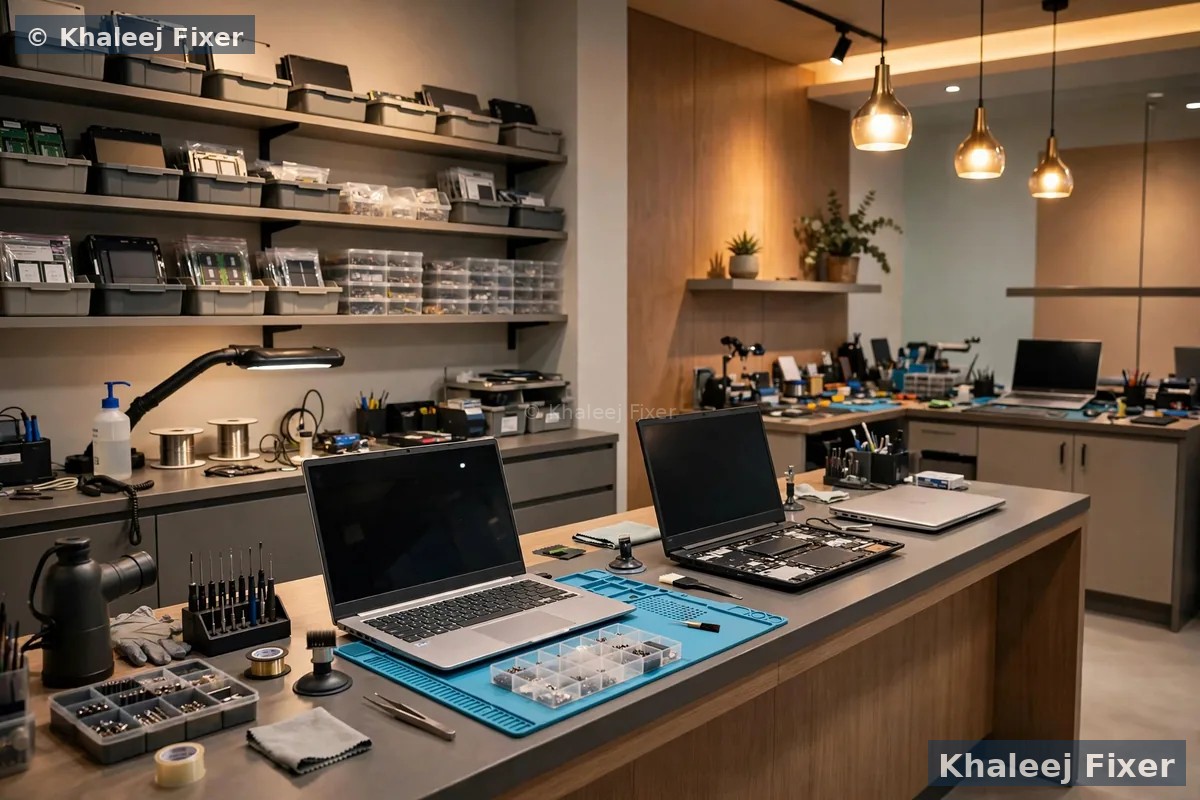 Khaleej Fixer laptop repair shop interior in Sharjah