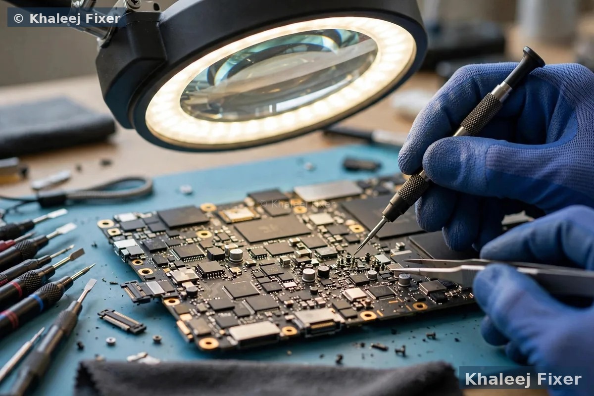 MacBook screen diagnosis under magnifier lamp at Dubai repair lab