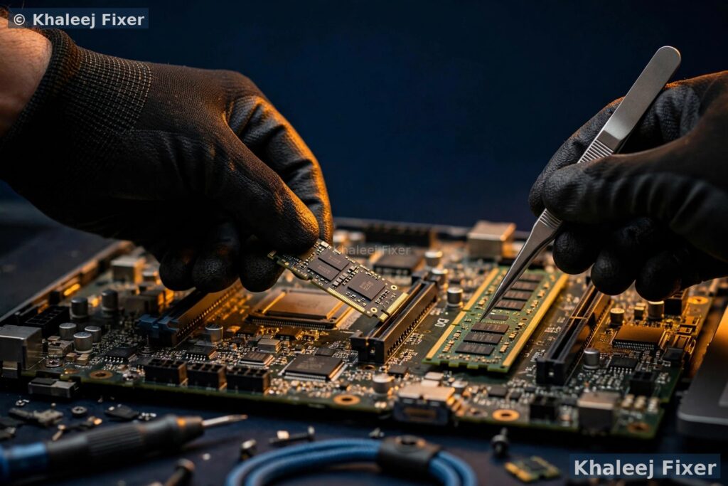 Laptop hard drive and SSD upgrade service in Dubai — technician installing an SSD into laptop motherboard